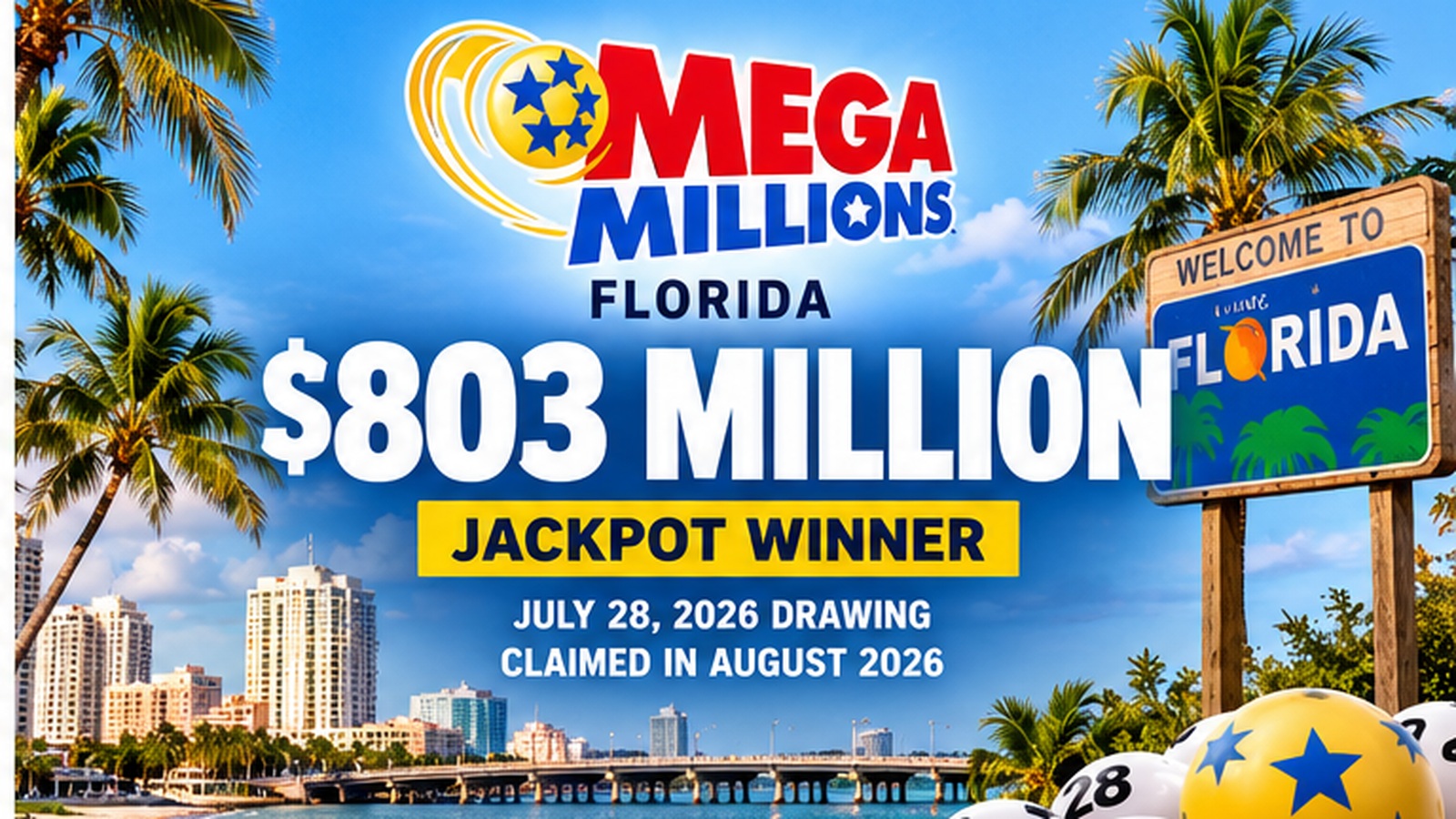 Florida Mega Millions jackpot graphic showing the $803 million winning prize