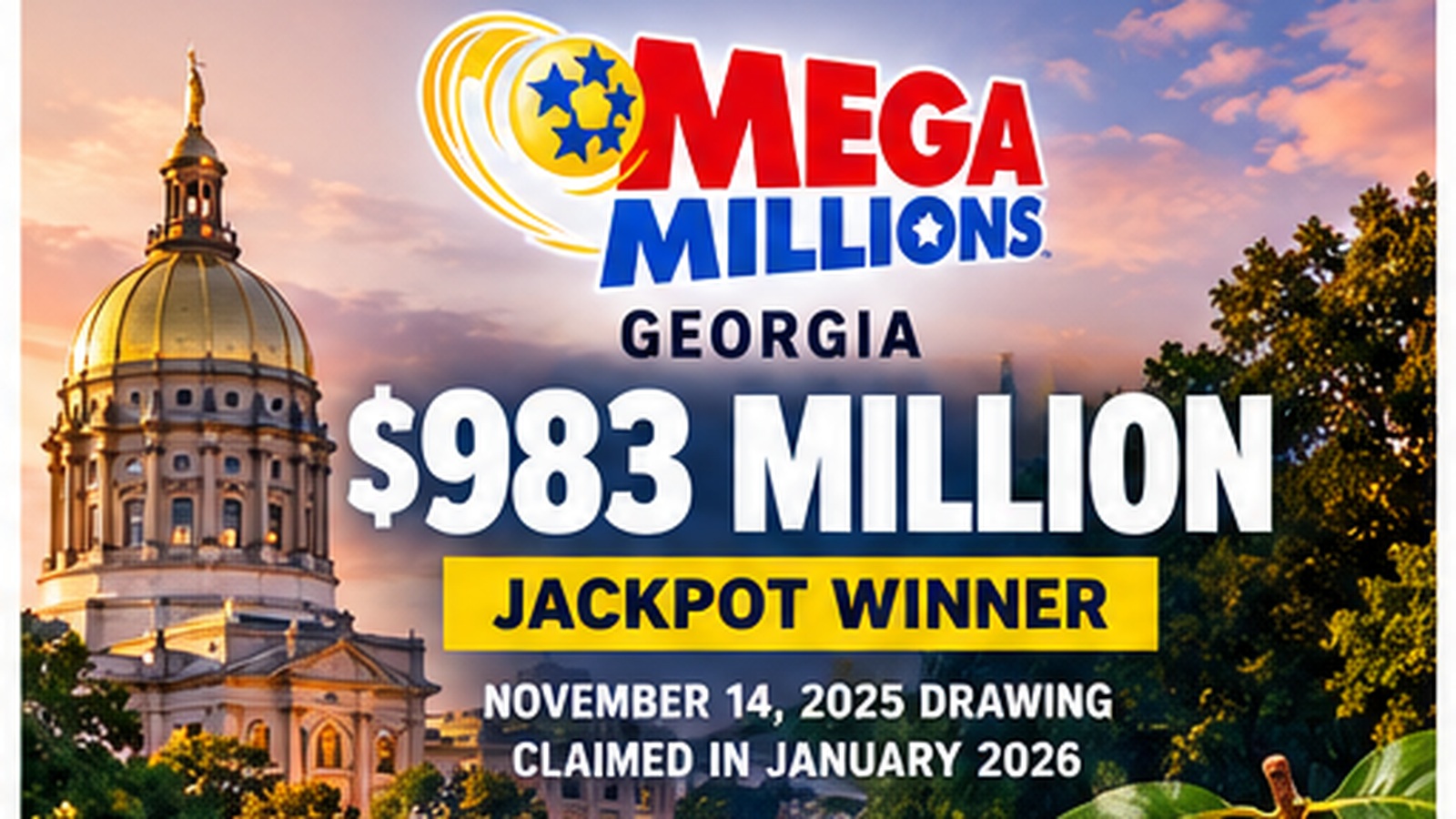 Georgia Mega Millions jackpot graphic showing the record $983 million prize