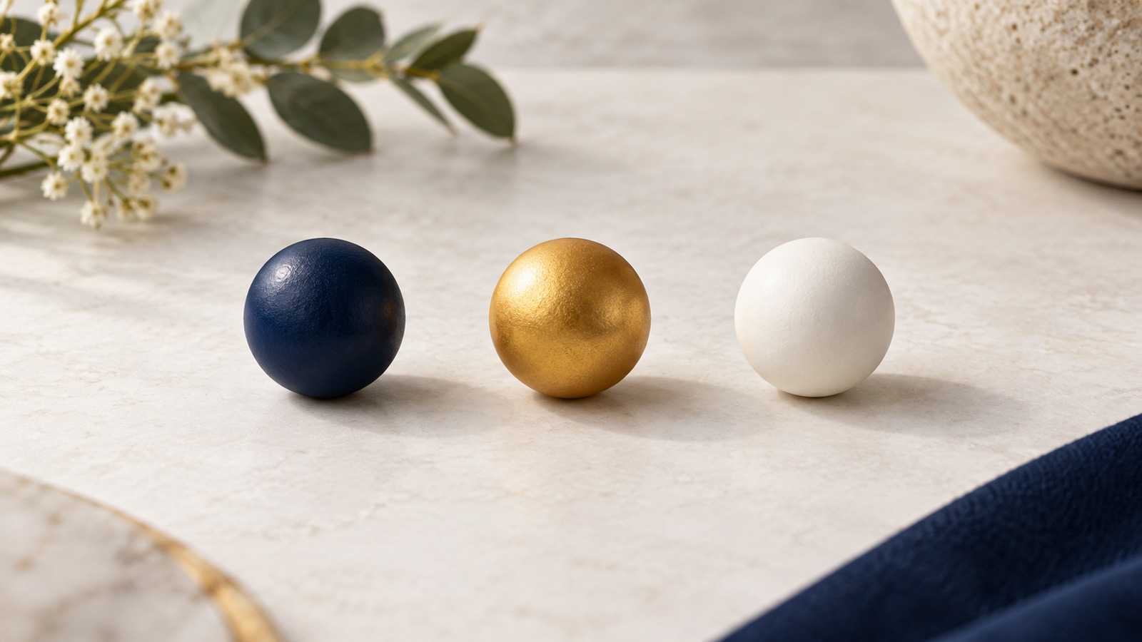 Three plain navy, gold and ivory balls arranged on a light surface