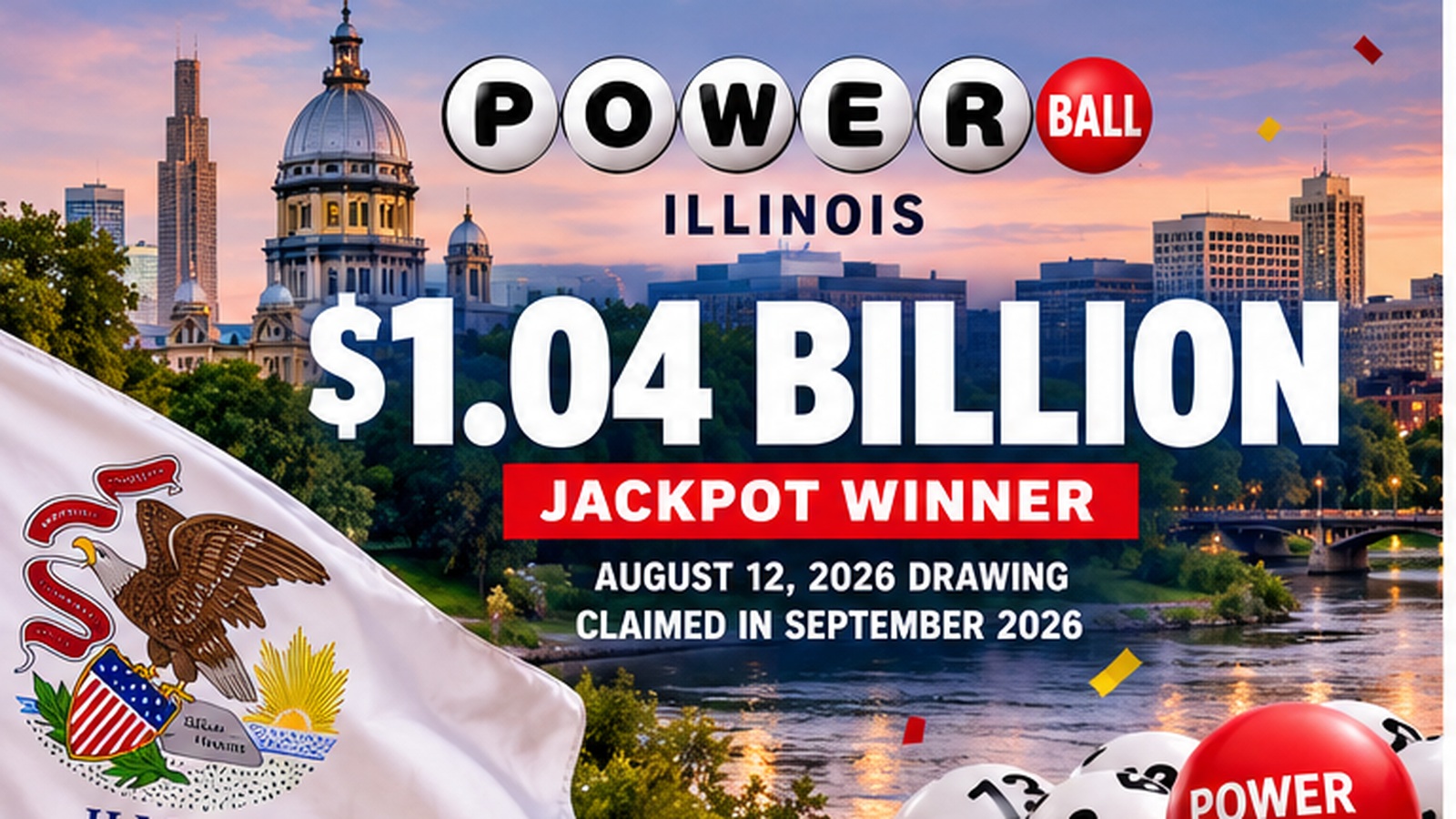 Illinois Powerball jackpot graphic showing the $1.04 billion winning prize