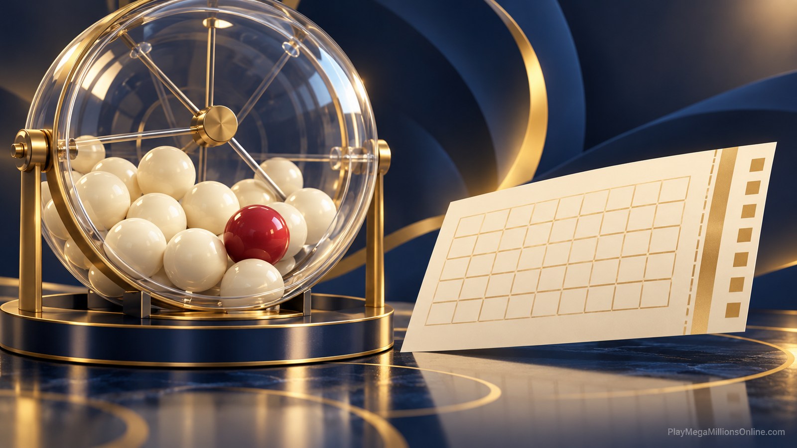 Illustration einer Lostrommel mit elfenbeinfarbenen und roten Kugeln sowie einem leeren Spielschein vor dunkelblauem und goldenem Hintergrund.