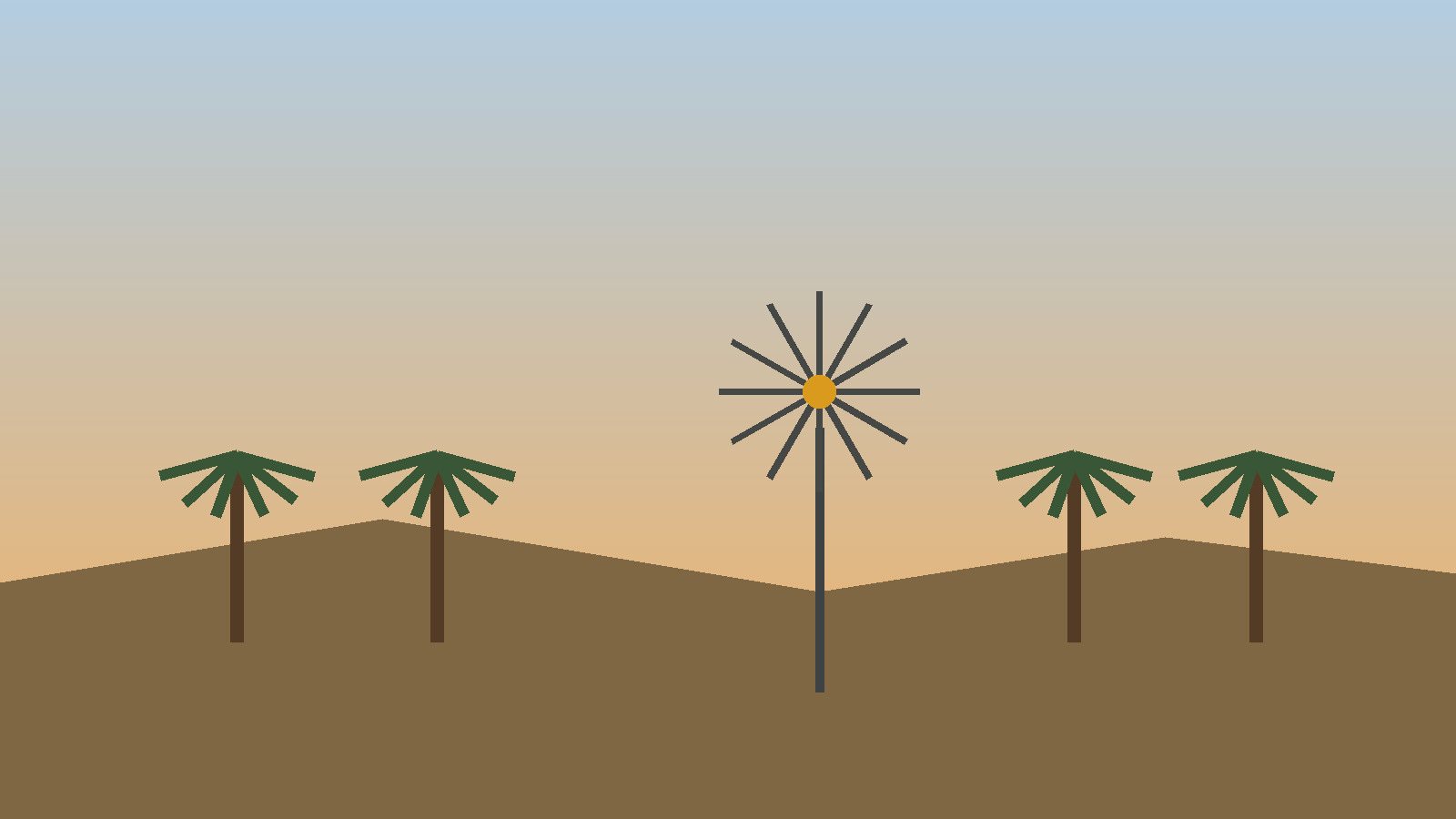Vidt åbent landskab i Texas med mesquite og en ensom vindmølle ved solnedgang
