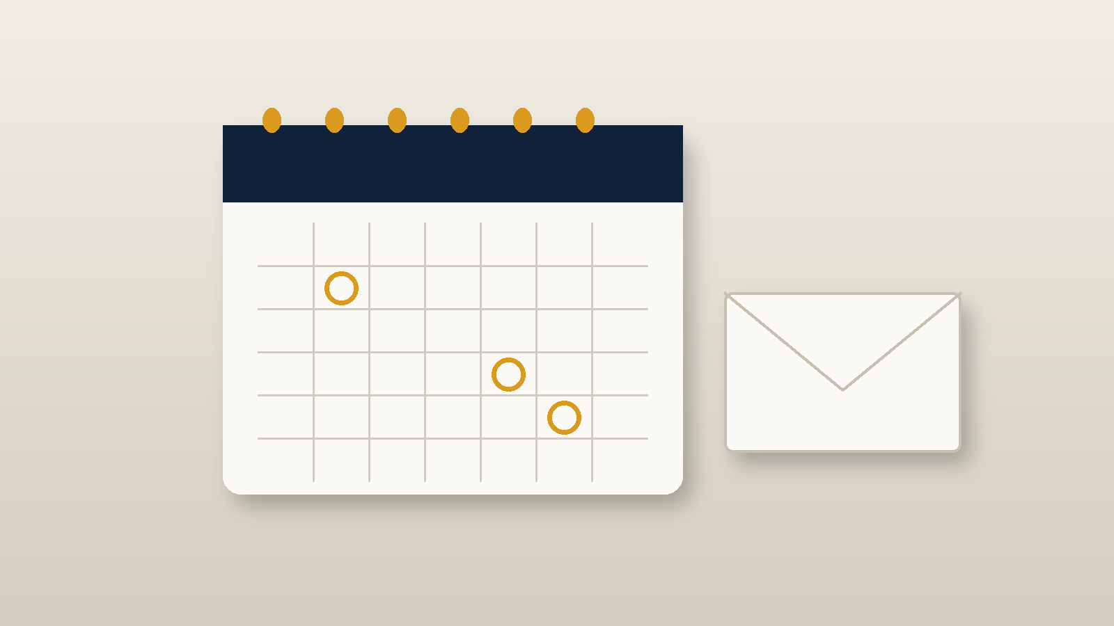 Blank calendar grid with gold circles and an unmarked envelope